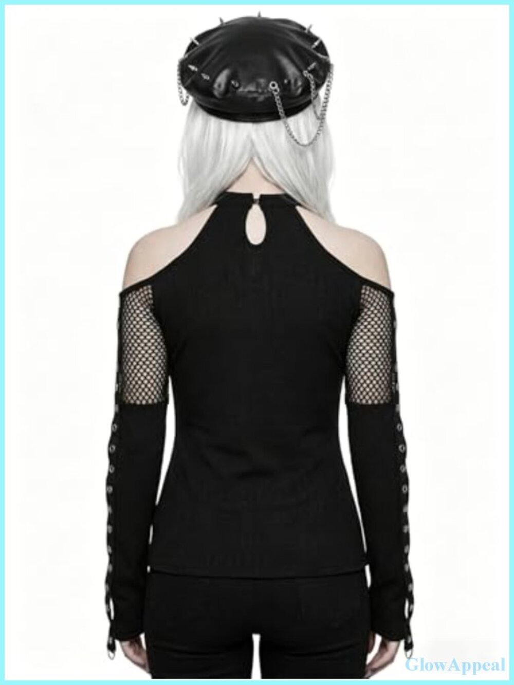 Gothic Crop Top with Fishnet Mesh, Cold Shoulder Punk Halter Neck Blouse - Picture 6 of 6